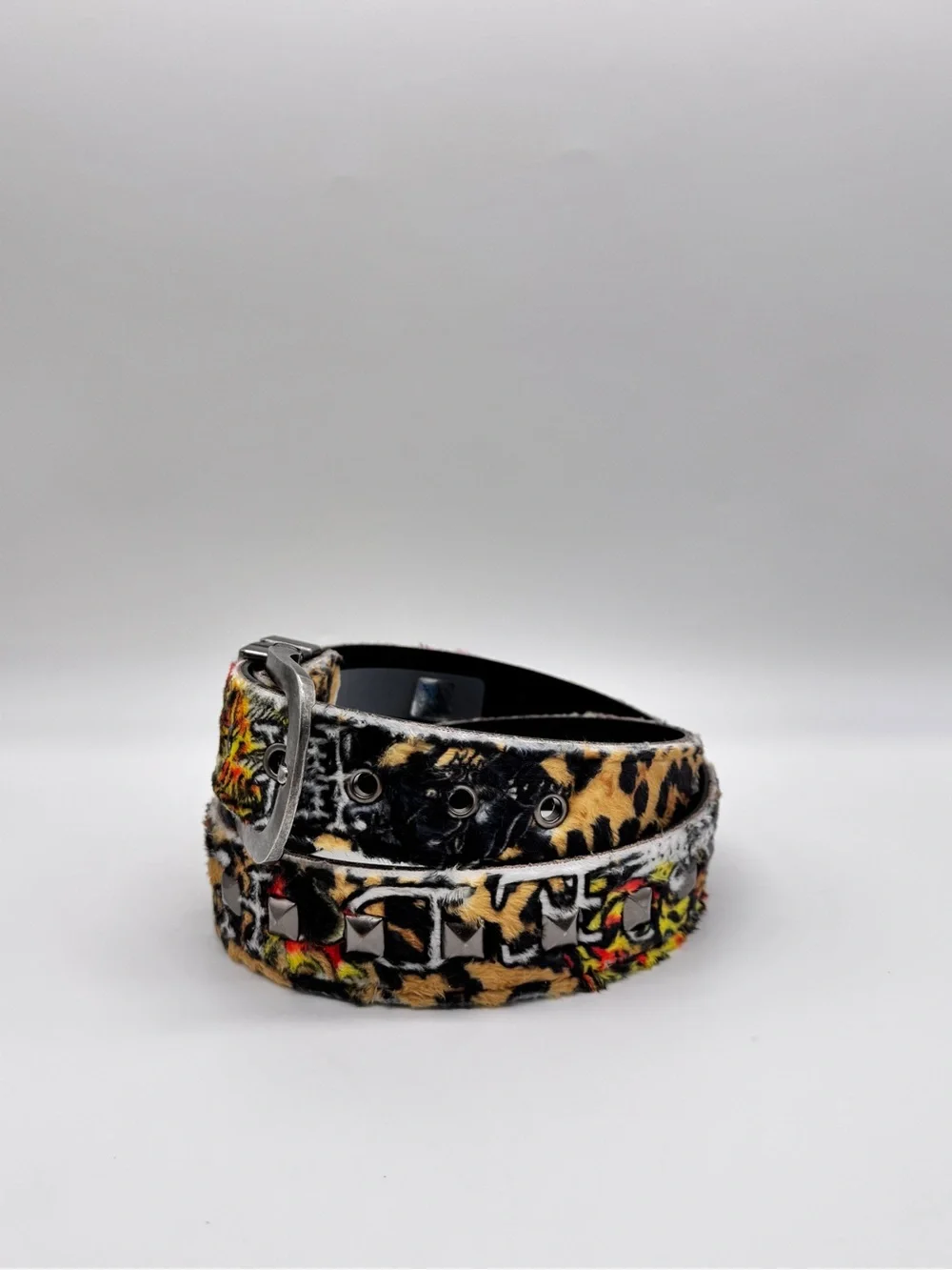 Ed Hardy Belt Size 34 Tiger Leopard Print Studded Faux Fur Rhinestone Buckle NWT